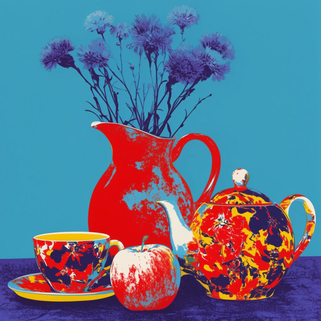 vivid pop-art still life, solid bright cyan background, deep purple-blue textured surface, central bright red pitcher with curved handle and mottled cyan shading, spindly blue and purple flowers with fluffy blooms inside the pitcher, teapot covered in chaotic red yellow and deep blue abstract floral patterns, matching teacup on a yellow-rimmed saucer, round mottled red and white apple, silkscreen printing aesthetic, high contrast graphic illustration, posterized shading, extreme color saturation, flat color fields, retro graphic design