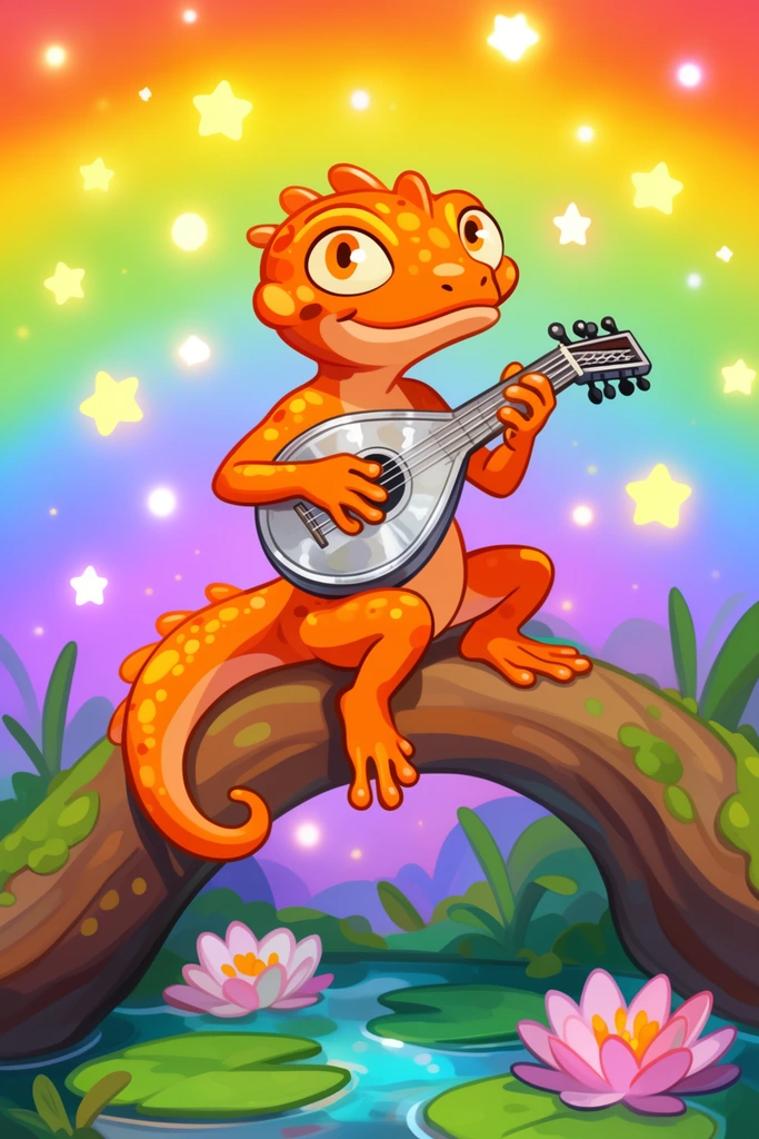 orange anthropomorphic salamander playing a silver lute, perched on a thick curved root over a lily puddle, bright rainbow background, glowing stars, whimsical cartoon art