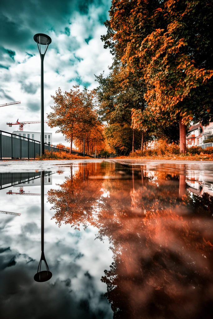 A low-angle photograph of a flooded paved walkway acting as a flawless mirror, reflecting a dramatic cloudy sky and vibrant autumn trees. The ground-level perspective is dominated by a shallow puddle spanning the foreground. Lush orange and green foliage lines the vanishing path. A sleek black lamppost and metal railing stand on the left, contrasting with distant construction cranes and a white building. Residential structures peek through the right-side trees. The composition features a striking teal and orange high-dynamic-range color grade, emphasizing vertical symmetry.