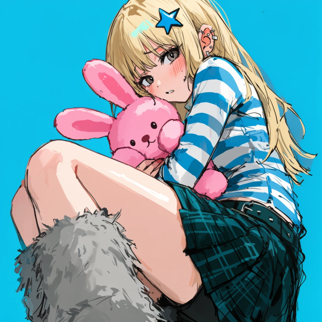 A blonde anime-style girl tightly clutches a pink bunny plushie against a vivid cyan background. She is accessorized with a blue star hairclip and multiple ear piercings, wearing a blue-and-white striped top, a dark teal plaid skirt, and oversized furry grey boots. Captured from a dynamic low-angle perspective, she leans forward with one knee raised, displaying a flushed, shy expression. The artwork features expressive, sketchy line art and crisp cel-shaded coloring with bright white highlights.