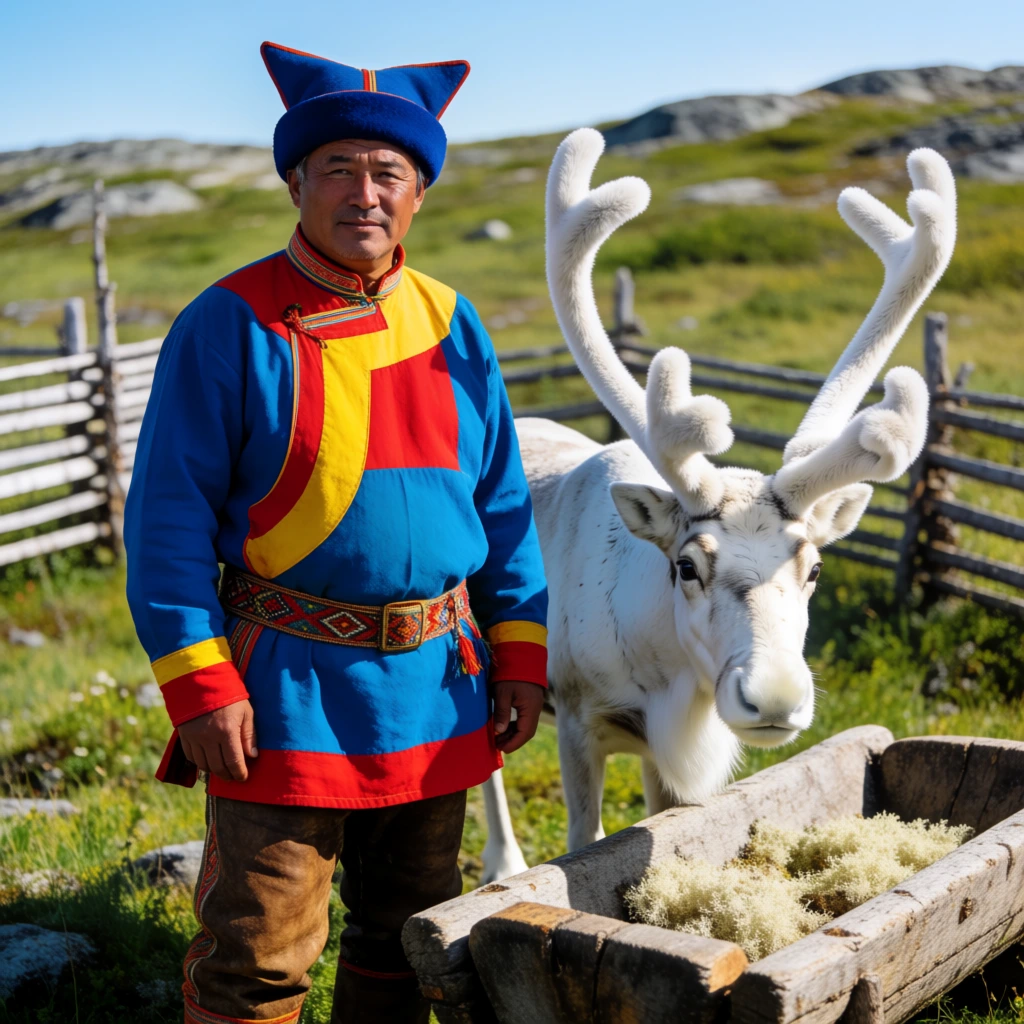 An older man in vibrant traditional attire stands beside a white reindeer in a sunlit grassy landscape. He wears a bright blue tunic with bold red and yellow panels, a distinctive four-pointed blue hat, a patterned woven belt, and brown leather trousers. To his right, a white reindeer with thick velvet-covered antlers stands near a rustic wooden trough filled with pale moss. A simple wooden fence lines the rocky green terrain under a clear blue sky, captured in sharp natural daylight.