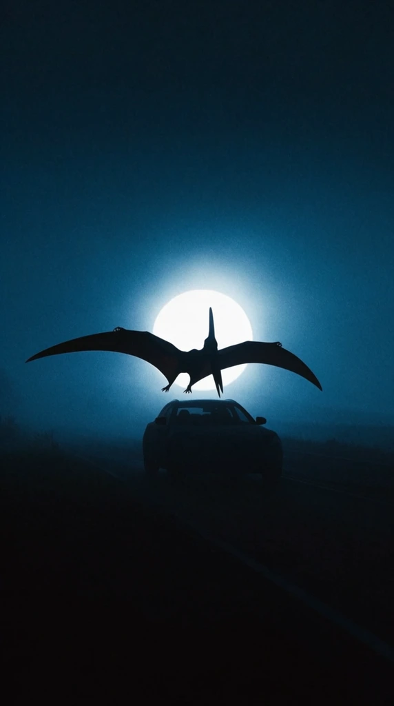 A stark, pitch-black silhouette of a pterodactyl with outstretched wings soaring directly over a silhouetted car on a dark road. Dominating the background is a massive, intensely glowing white sun acting as a powerful backlight, sharply defining the contours of the prehistoric bird and the vehicle in extreme high-contrast chiaroscuro. The surrounding environment is completely enveloped in a dense, monochromatic deep blue atmospheric haze. Volumetric light radiates from the stark white sun, bleeding slightly over the sharp edges of the subjects and piercing the moody cyan-blue fog. The composition features a cinematic, low-light photographic aesthetic with visible digital sensor grain, soft atmospheric depth in the environment, and a minimalist color palette restricted to inky shadows, ambient oceanic blues, and blazing white luminescence.