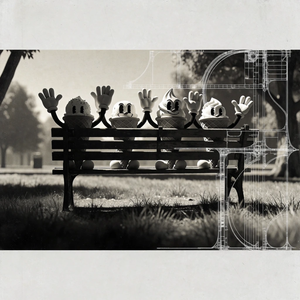 monochrome grayscale composition, four anthropomorphic ice cream cone characters with rubber-hose gloved hands waving on a wooden park bench, high-contrast chiaroscuro lighting, grassy field and distant trees rendered in soft focus, technical white vector wireframe overlays, complex architectural line-work and perspective grids intersecting the frame, minimalist white top and bottom letterbox borders, wide-extended techno-display typography, gritty industrial texture, y2k aesthetic.