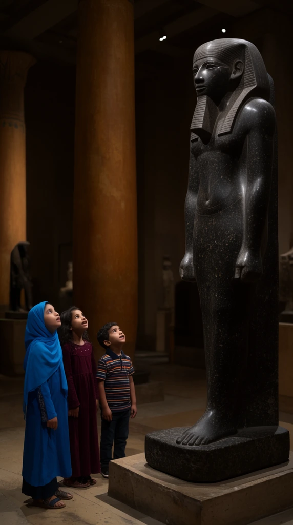 three children gazing upward in awe at a colossal dark stone Egyptian statue, dimly lit museum, girl in bright blue headscarf, girl in maroon dress, boy in striped shirt, smooth black granite figure on raised plinth, tall ochre columns, dramatic lighting