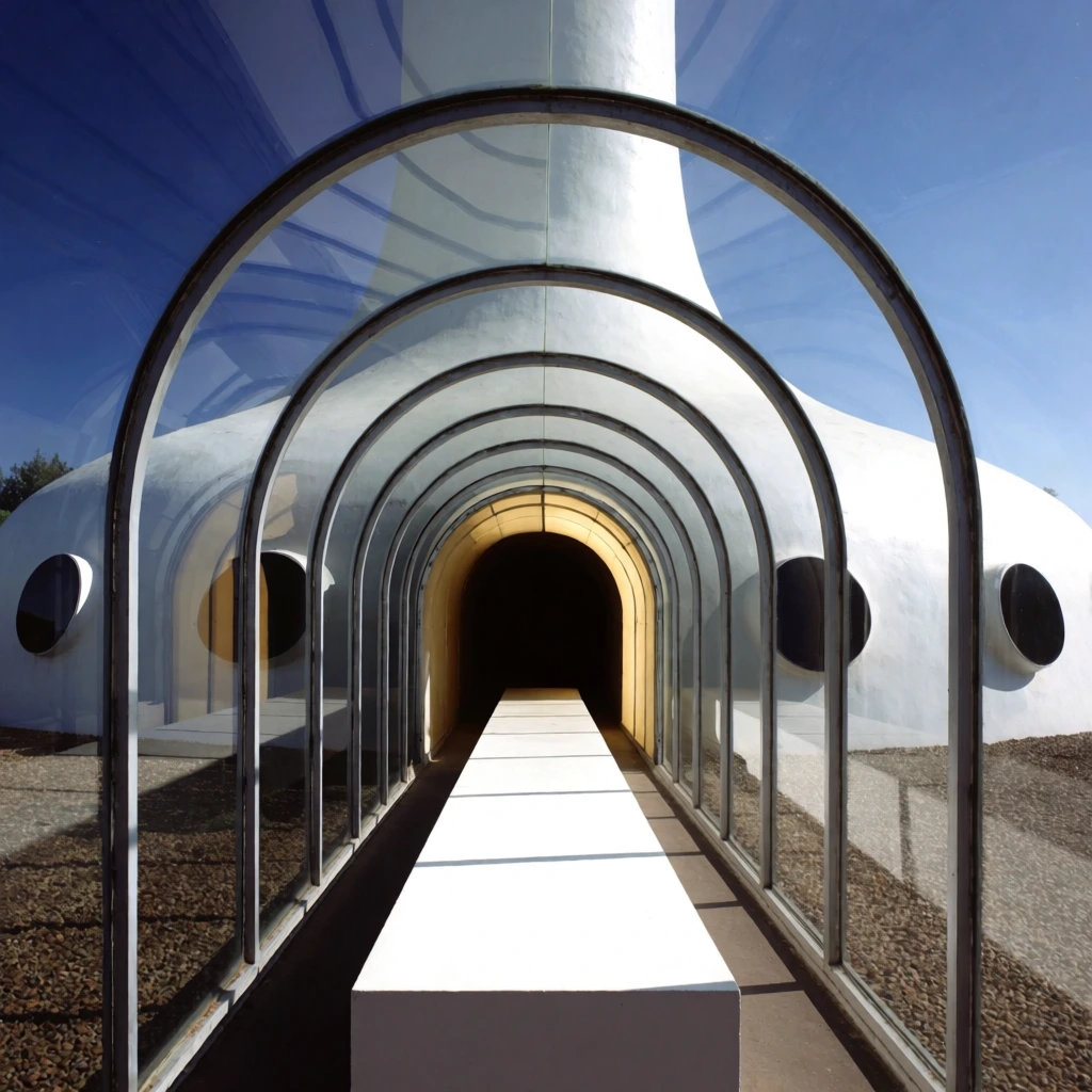 curved glass architectural walkway looking outward, repeating arched metal frames with transparent panels, long low white rectangular block down the center, tunnel receding into dark shadows with a warm yellow glow, exterior smooth white retro-futuristic tower with protruding dark circular portholes, ground covered in brown gravel, vibrant blue sky, bright daylight, wide-angle architectural photography, deep depth of field, reflections on curved glass, 1970s space-age design