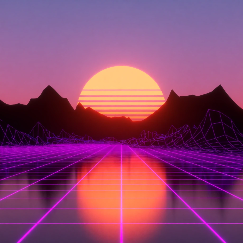 A retro-futuristic synthwave landscape features a glowing, segmented orange sun setting behind mountains. The terrain transitions from solid dark silhouettes in the background to purple wireframe structures in the midground. A magenta neon perspective grid stretches across a reflective surface below, catching the sun's luminous reflection. The sky is a smooth violet to pink gradient. The 1980s outrun aesthetic uses low-poly 3D rendering and stark symmetrical composition.