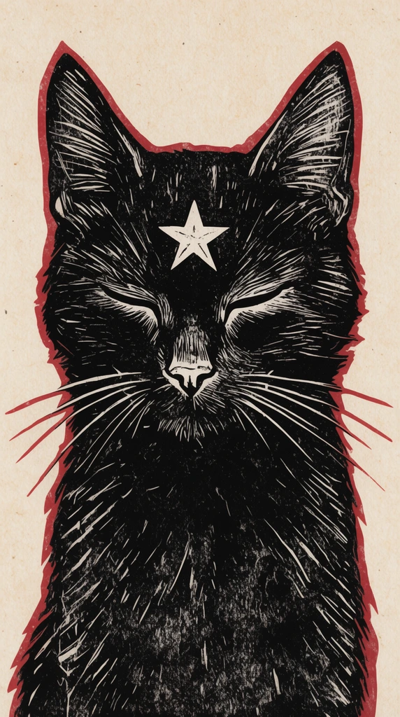 linocut print portrait of a black cat with closed eyes, five-pointed star on forehead, white scratched fur details, subtle red silhouette outline, textured beige paper background, mystical feline