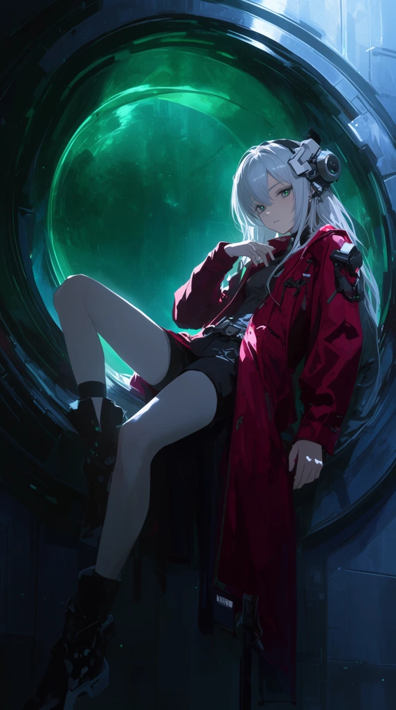 Silver-haired anime girl with cybernetic headgear, wearing a long crimson jacket, reclining inside a massive glowing emerald circular aperture, dark sci-fi environment, dramatic rim lighting, cool shadows, cinematic composition, digital painting style