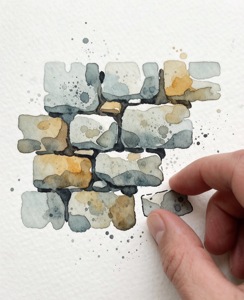 A close-up shot captures a hand interacting with a watercolor painting of a section of a stone wall on a plain white surface. The illustrated stone wall consists of irregularly shaped blocks in a palette of pale grey, blue-grey, and ochre, with dark grey and brown shadows defining the gaps between them. The stones have a textured appearance created through intentional paint splatters and varied washes of pigment that mimic natural rock surfaces. A human hand enters from the bottom right corner, with the thumb and index finger poised near the edge of the painted formation, appearing to adjust a small, detached painted fragment. The background is a stark, off-white paper texture, sparsely decorated with small, dark paint droplets and splatters that extend beyond the main subject. The lighting is bright and even, highlighting the granular texture of the paint and the slightly textured surface of the paper. The camera angle is a high-angle close-up, focusing on the intersection between the hand and the artistic representation of stone.