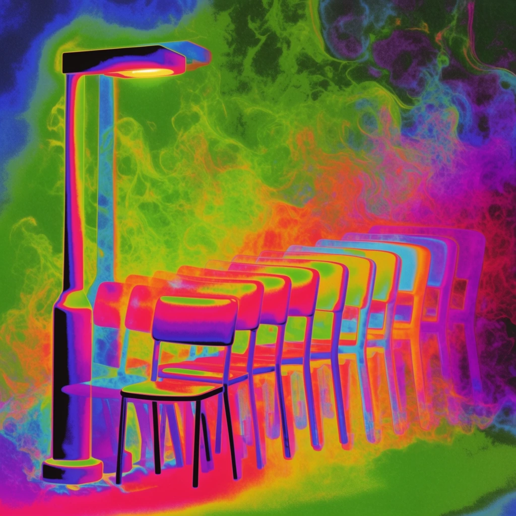 A street lamp illuminating chairs, rendered in a hyper-saturated, false-color thermal imaging aesthetic dominating the composition with acidic greens, hot magentas, electric blues, and vivid purples. The street lamp and the illuminated chairs exhibit a stroboscopic, chronophotographic motion trail effect, presenting overlapping, staggered silhouettes that recede backward in a sequence of neon echoes. Wispy, swirling, gaseous energy patterns radiate around the structural forms, filling the background with vibrant, fractal-like smokey textures. The entire scene features a grainy digital finish, high-contrast posterized edge detection, and a psychedelic gradient-map rendering that transforms the light and shadows into glowing, radioactive bands of flat, luminescent color.