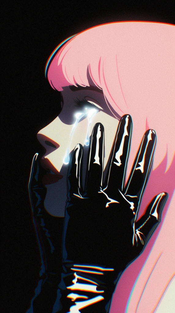 A graphic digital illustration portrays a profile of a figure with vibrant pastel pink hair crying luminous, glowing white tears against a pitch-black void. The subject's pale face is partially cast in deep shadow, contrasting with the bright, viscous tears streaming down the cheek. Both hands frame the lower face, clad in highly reflective, glossy black gloves with stark white highlights that suggest slick latex. The composition isolates the subject entirely within the dark background. The artistic style blends pop-art cell shading with retro-futuristic aesthetics. Prominent chromatic aberration adds sharp cyan and red color fringing along the contours of the gloves, face, and hair. A heavy, uniform digital film grain texture overlays the entire high-contrast image.