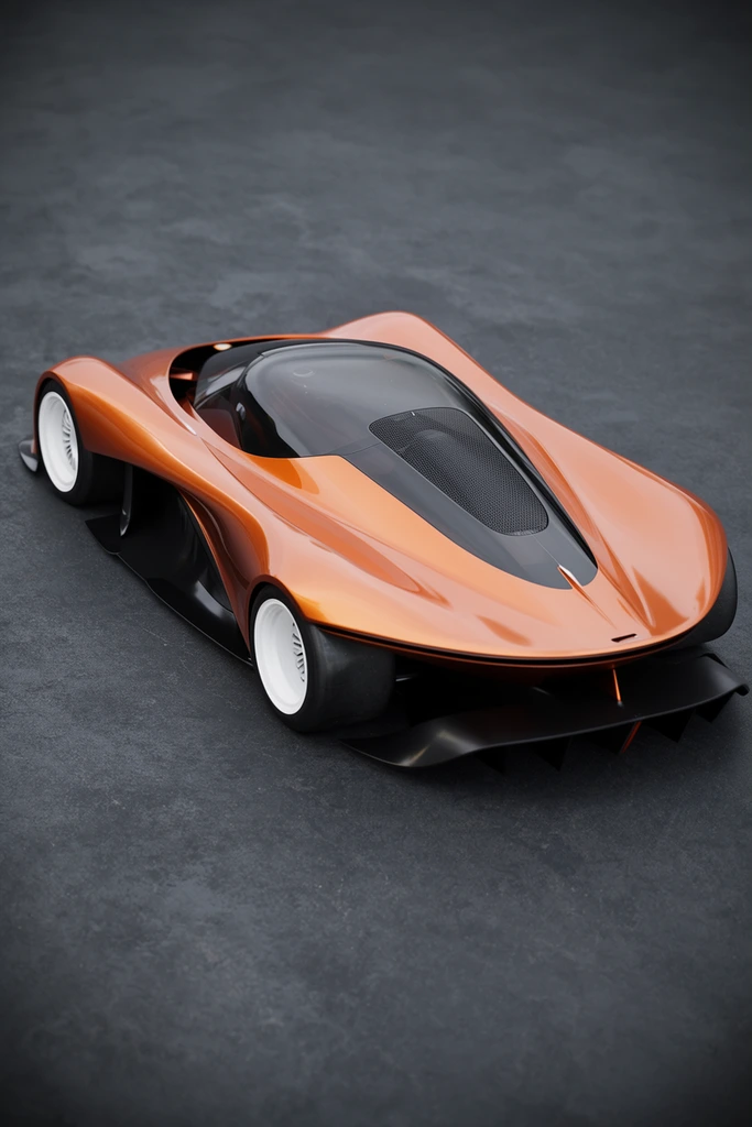 A high-angle rear three-quarter view showcases a sleek, metallic copper-orange concept hypercar resting on textured dark gray concrete. The highly aerodynamic vehicle features sweeping curvaceous fenders, an elongated tail section, and a dark tinted teardrop glass canopy that merges into a black mesh rear engine cover. Pronounced black lower side skirts and a massive rear diffuser sharply contrast the glossy, brightly colored bodywork above. The wide, low-slung car sits on deep-dish white multi-spoke wheels wrapped in thick, unadorned racing slicks. Soft, diffused studio-style lighting highlights the fluid, sensual contours of the design in a photorealistic rendering with a subtle shallow depth of field.