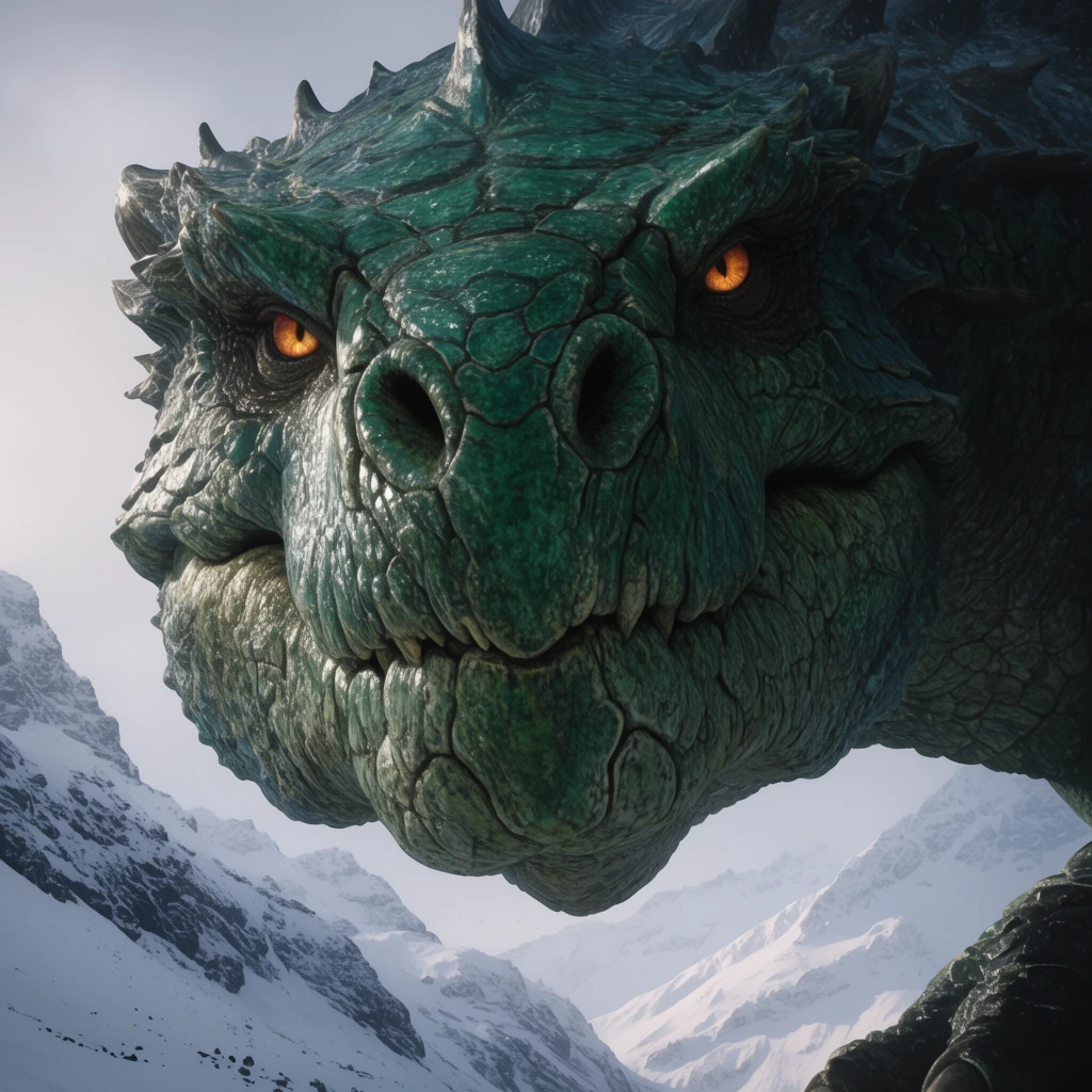 A colossal reptilian beast with thick emerald-green scales and glowing amber eyes looms over a stark snow-covered mountain range in an extreme low-angle close-up. The cinematic composition emphasizes its deeply weathered facial armor and heavy jaw, highlighting its gigantic scale against a pale overcast sky with photorealistic textures and dramatic shadows.