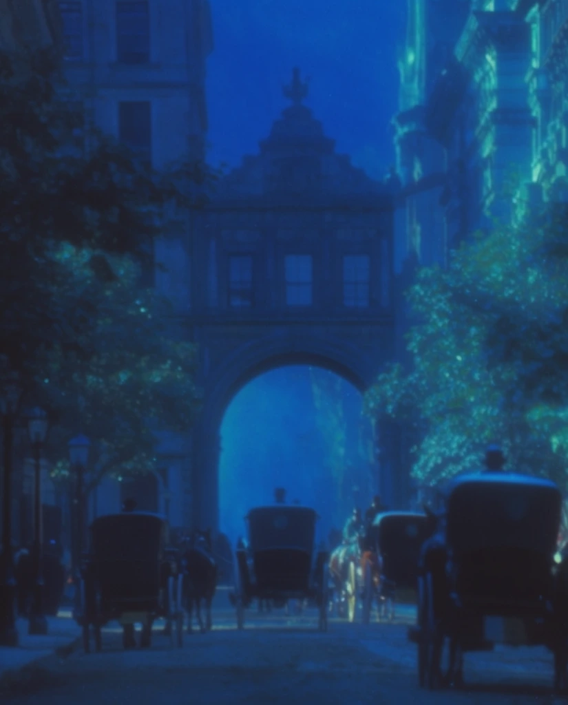 A historic city street centered on a prominent architectural archway, flanked by tall buildings and lined with trees, with horse-drawn carriages traversing the thoroughfare, all enveloped in an intensely moody, monochromatic deep blue and cyan color palette. The entire scene is washed in saturated indigo shadows and illuminated by vibrant, ethereal teal highlights that catch the edges of the stonework, foliage, and carriages. Heavy, dramatic side lighting creates deep contrast, reducing the intricate urban elements to atmospheric shapes and glowing contours against a hazy, luminous azure background. The composition employs a soft, dreamy focus and shallow depth of field, obscuring the distant background and contributing to a surreal, cinematic atmosphere. Prominent film grain, smooth tonal gradients, and muted micro-contrast enhance the ethereal aesthetic, unifying the architecture, nature, and horse-drawn vehicles under a continuous, deeply saturated blue luminance.