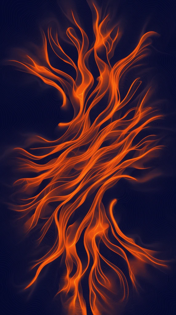 glowing neon orange organic tendrils, abstract flowing linear pattern, deep navy background, dynamic fluid motion, dense topographic contour lines, intricate vector field, high contrast digital art