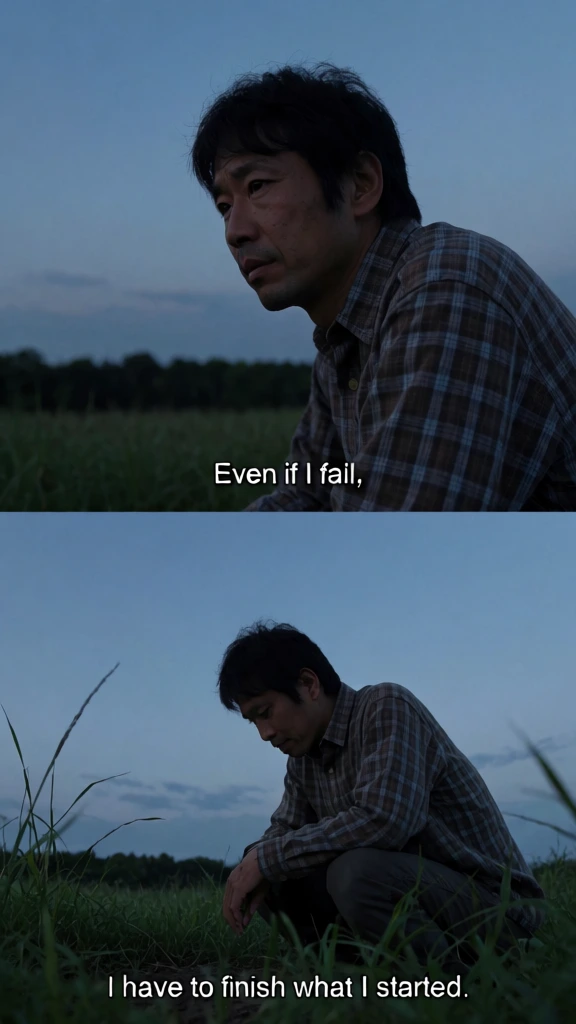 A two-panel sequence captures a man in a plaid shirt reflecting in a grassy field during twilight, accompanied by white subtitles. In the top panel, a medium close-up shot from a low angle features an Asian man with short, dark, slightly tousled hair. He wears a brown and blue checkered button-down shirt and gazes toward the left frame with a somber expression. The background is a wide expanse of a deep blue twilight sky above a dark, distant silhouette of trees. Centered in the lower portion of this panel is the white, sans-serif text "Even if I fail,". The bottom panel provides a wider, low-angle perspective of the same man, now shown squatting in a field of tall green grass. He looks downward at the ground, with his arms resting on his knees. Long, thin blades of grass are visible in the immediate foreground, some slightly blurred, while the background continues the scene of a dimming sky and a dark horizon. Centered at the bottom of this panel is the white, sans-serif text "I have to finish what I started." The overall lighting is low and naturalistic, creating a cool, muted color palette dominated by shades of blue, gray, and dark green, characteristic of the transition from day to night.