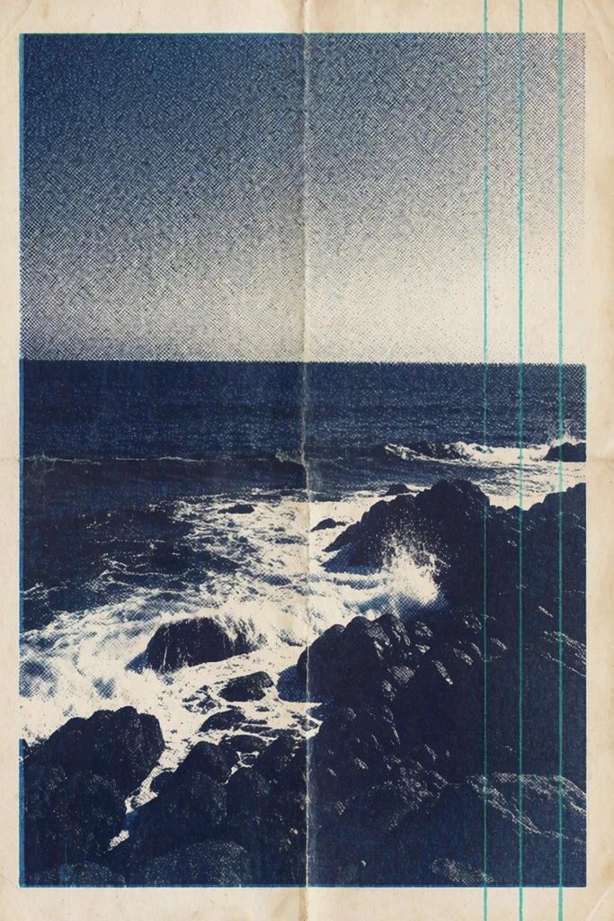 vintage risograph print of a rocky seascape, deep blue halftone dot pattern, crashing white waves against dark rocks, stark horizon line, aged cream paper with vertical fold creases, distressed texture, thin bright teal vertical lines, lo-fi printmaking, coarse dot screen, monochromatic navy
