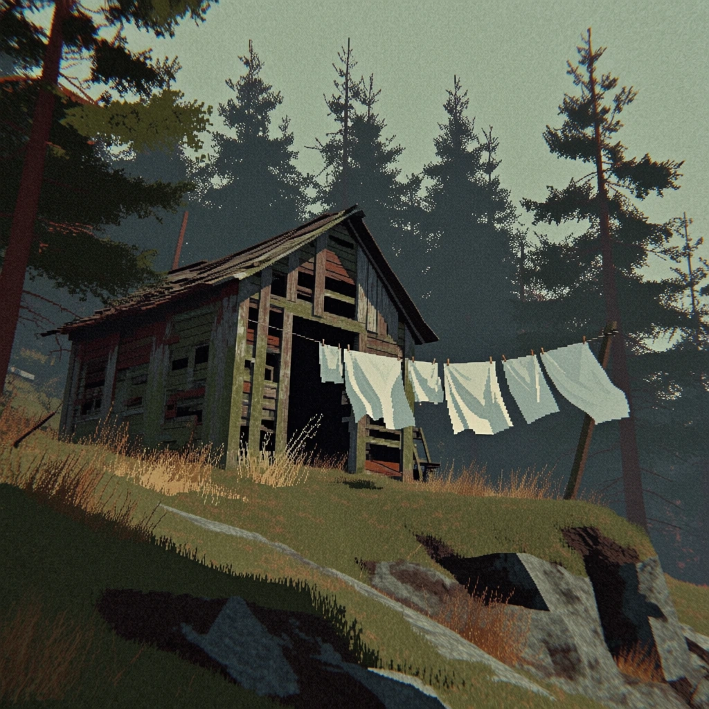 low-poly ps2 era cgi aesthetic, early 2000s video game graphics, crunchy pixelated textures, weathered wooden shed perched on a grassy hill, white sheets hanging on a clothesline blowing in the wind, sharp polygonal edges, aliased lines, low-resolution digital grain, gritty flat lighting, muted earth tones with high-contrast shadows, nostalgic retro gaming visual style, blocky 3d models, cinematic composition, pixelated gradients, lo-fi tech aesthetic