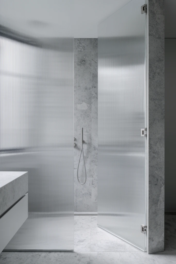 A minimalist bathroom interior centered on a walk-in shower enclosed by tall, fluted glass panels. The corrugated texture creates a strong vertical rhythm, partially obscuring a silver wall-mounted showerhead set against light grey marble tiles. One glass door stands slightly ajar over a matching stone floor. A structural grey stone pillar rises on the right, balanced by the sharp edge of a vanity in the left foreground. Soft, diffused lighting enhances the austere, monochromatic palette of cool greys and whites, emphasizing precise architectural lines and the crisp interplay between translucent glass and smooth masonry.