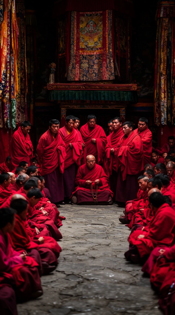 Dozens of monks in vivid crimson robes gather on a textured stone floor within a dimly lit temple. A central group of standing men surrounds a seated figure holding prayer beads, flanked by heavily populated clusters of seated monks forming a clear aisle. The dark background features ornate fabric-wrapped pillars and an elevated structure draped in intricate, colorful brocade. Dramatic high-contrast lighting heavily saturates the red garments against the deep shadows of the architectural backdrop.