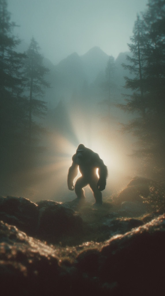 hulking bipedal ape-like silhouette in a dense misty forest, intense ethereal backlight radiating from behind the figure, thick fog obscuring distant mountain peaks, bright god rays piercing the haze, rugged rocky terrain in the foreground with glowing textured edges, tall dark evergreen trees framing the scene, moody cinematic lighting, heavy film grain, soft focus, muted teal color palette contrasting with luminous warm golden light