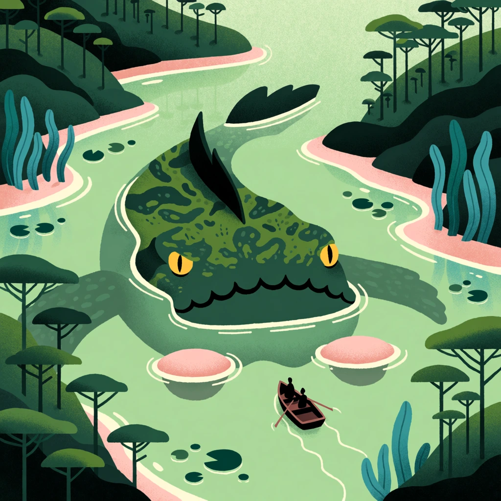 A massive, camouflaged aquatic monster lurks beneath a light green river, its broad, moss-textured head masquerading as an island. The beast has bright yellow slit-pupil eyes, a wide scalloped mouth, and a dark dorsal fin, with two circular sandbars resting before it like nostrils. In the foreground, a tiny brown rowboat carrying two silhouetted figures navigates toward the colossal creature. The flat, graphic illustration employs a lush green color palette accented by soft pink shorelines. Dark green hills frame the winding waterway, heavily forested with slender-stalked trees bearing flat, umbrella-shaped canopies. Giant blue-green aquatic plants flank the riverbanks, while scattered lily pads float on the surface. The high-angle composition utilizes stippled textures and muted tones to emphasize the dramatic scale contrast between the tiny boat and the giant submerged beast.