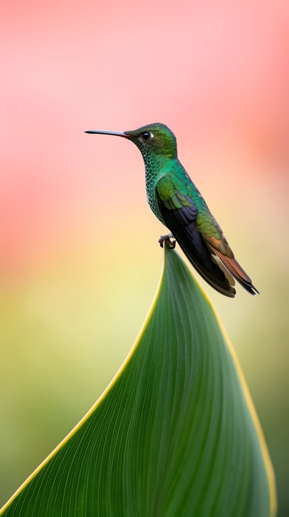 Emerald green hummingbird perched on the sharp apex of a curving green leaf, profile view, long slender dark beak pointing left, folded dark wings, bronze tail feathers, tiny claws gripping the edge, prominent vertical leaf veins, smooth sweeping downward leaf arc with yellow margin, heavily blurred background gradient of soft peach pink fading to pale yellow and muted green, macro nature photography, shallow depth of field, minimalist composition, sharp focus, soft natural lighting