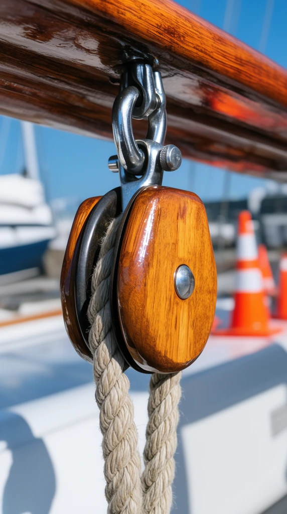 Polished wooden pulley block suspended from a varnished rail, thick braided rope passing through a dark sheave, stainless steel shackle hardware, bright daylight, sharp shadows, high gloss finish, close-up perspective, shallow depth of field blurring a white hull and distant orange cones