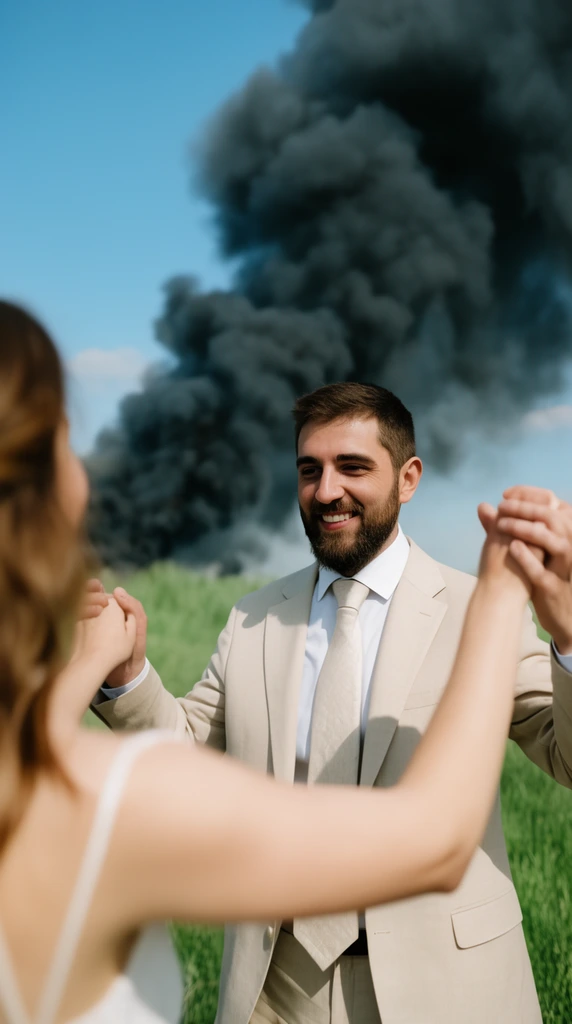 smiling bearded man in beige suit looking at an out-of-focus woman in white dress foreground, raised holding hands, green field, massive dark smoke plume rising into blue sky background, shallow depth of field, bright natural daylight