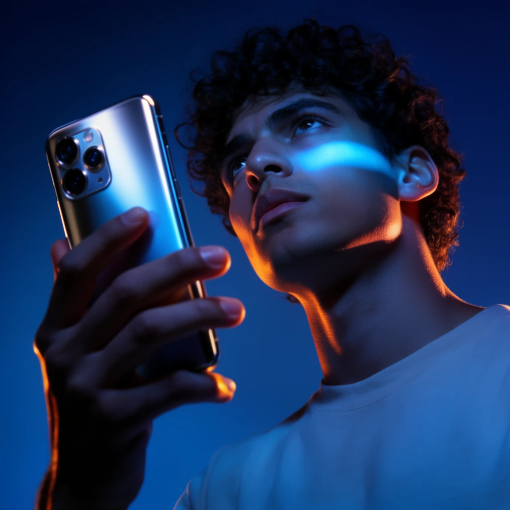 A dynamic low-angle studio portrait of a young man with dark curly hair looking upward with an intense expression, holding a sleek metallic smartphone in the foreground. Dramatic cinematic gel lighting defines the scene, featuring a deep blue ambient wash contrasted by a sharp, warm orange rim light contouring his jawline, neck, and hand. A bright cyan horizontal beam of light illuminates his right cheekbone. He wears a minimalist light-colored t-shirt absorbing the cool blue tones. The smartphone, angled toward the viewer, features a reflective silver and blue gradient finish with a multi-lens camera module. The background is a seamless dark blue gradient. The composition utilizes a shallow depth of field, keeping the sharply contoured face in focus while the device remains slightly softer in the immediate foreground.