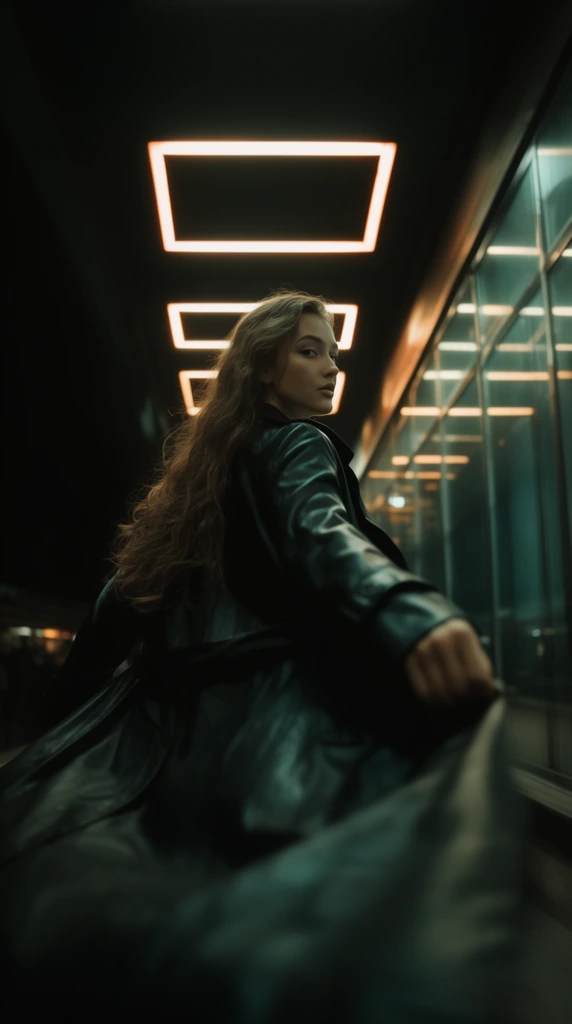 A young woman in a billowing black leather trench coat walks down a dark corridor while glancing back over her right shoulder. Her long, wavy hair cascades down her back, contrasting with the dark coat sweeping dynamically across the blurred foreground. The cinematic composition features a low camera angle and strong leading lines formed by receding rectangular overhead lights. Bathed in a moody teal and orange color grade, the lights reflect off large glass panels on the right, illuminating her sharp facial profile against the deep shadows of the walkway.