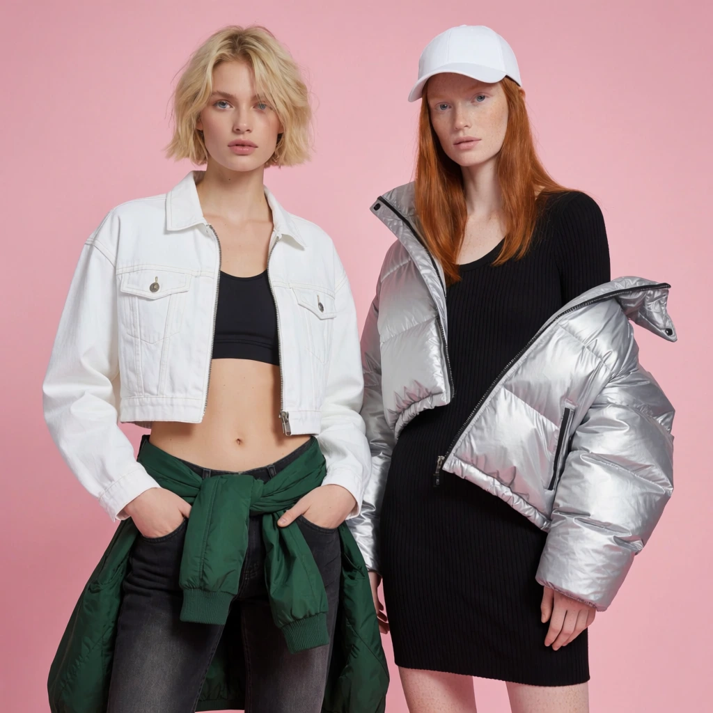 Two female models pose for a youth streetwear editorial against a seamless pastel pink studio backdrop. On the left, a model with a short, tousled blonde bob wears a cropped white denim zip-up jacket open over a black sports bra, exposing her midriff. She wears faded black jeans with a forest green jacket draped at her waist, hands tucked casually in her pockets. Beside her, a model with long, straight red hair and a white baseball cap models an oversized metallic silver puffer jacket slung asymmetrically off one shoulder over a form-fitting black ribbed knit mini dress. Bright, even studio lighting highlights the contrasting textures of rigid denim, smooth nylon, and ribbed fabric, creating a crisp, modern aesthetic with a clean, flat photographic composition.