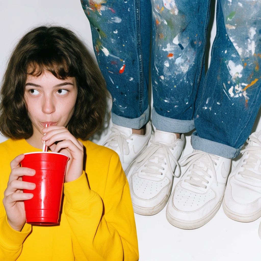 collage of candid flash photography on a stark white background, young woman in yellow drinking from a red cup, clustered feet wearing white sneakers, legs in paint-splattered denim