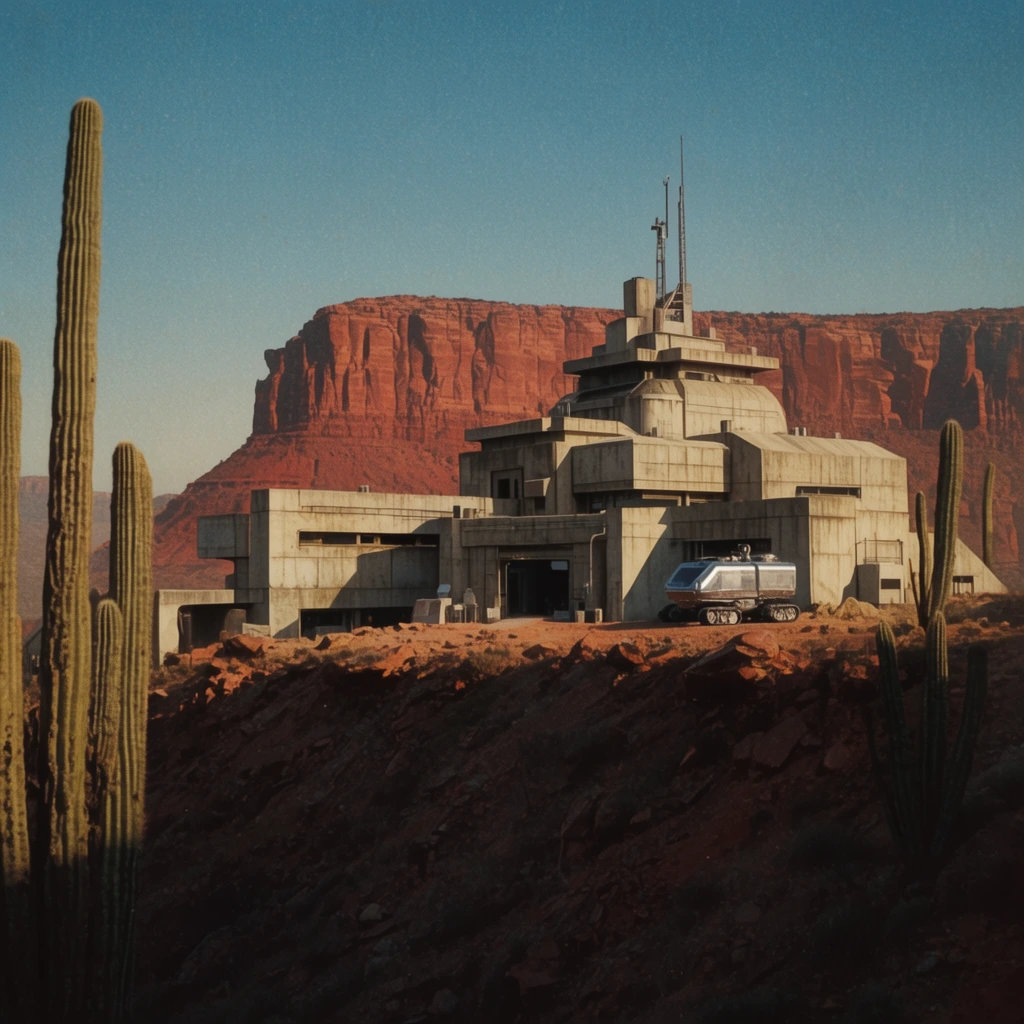 A multi-tiered brutalist concrete research outpost dominates a rocky ridge under a clear gradient blue sky. Behind the sprawling geometric complex, a towering red sandstone mesa fills the horizon. The steep, arid foreground slope is cast in deep shadow and flanked by giant saguaro cacti. A metallic silver tracked rover sits near the main entrance. The wide establishing shot features warm afternoon sunlight illuminating the stark architecture, captured with a vintage, grainy 35mm film aesthetic.