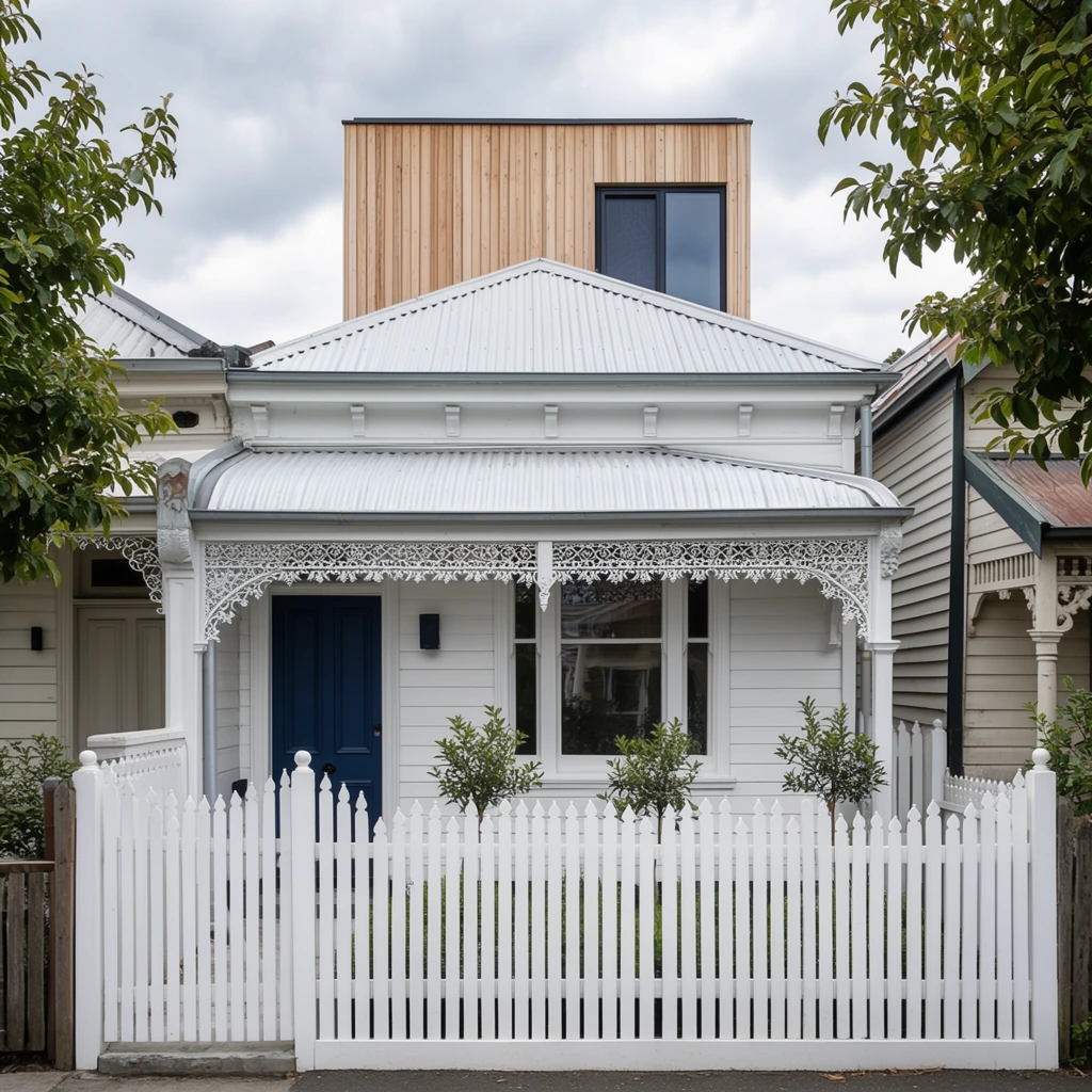 A white single-story heritage house stands behind a white picket fence under a cloudy sky, featuring a corrugated metal roof and a veranda adorned with intricate iron lacework. A dark blue front door sits beside a large window. Small green shrubs dot the narrow front garden. Rising directly behind the classic facade is a modern two-story extension clad in light vertical timber with a dark-framed window. Neighboring weatherboard homes tightly flank the central property. Leafy green tree branches frame the edges of the flat, architectural composition.