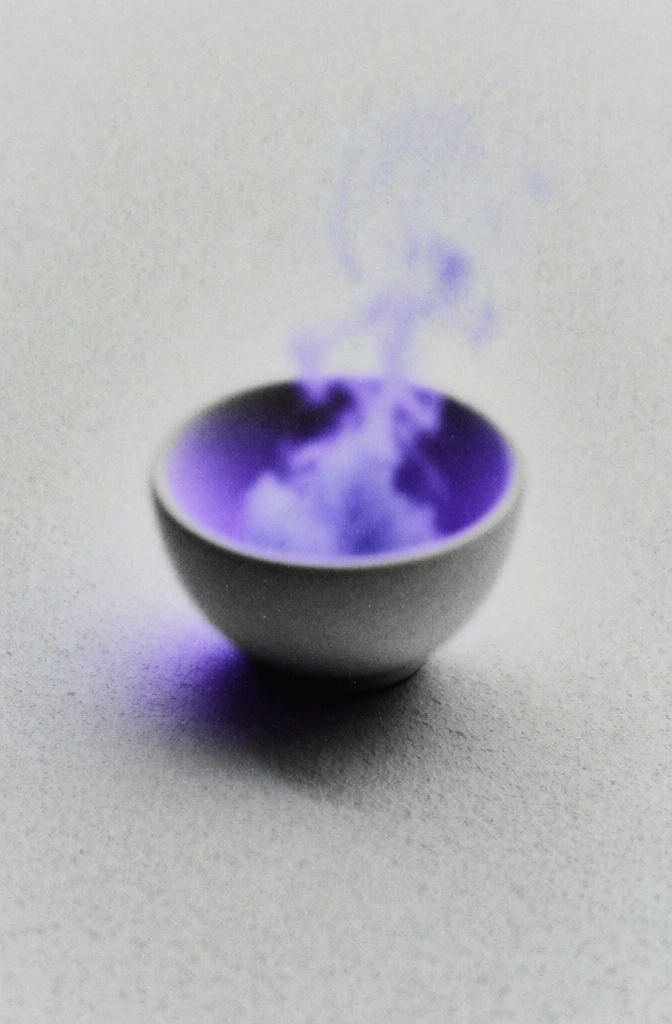 minimalist ceramic bowl centered on a high-grain textured light gray background, wispy ethereal smoke rising from the vessel with a vibrant electric purple ultraviolet glow and deep black shadows, soft blurred edges, airbrushed aesthetic, subtle flowing cursive script integrated into the composition, high noise analog film texture, desaturated palette with striking neon violet accents, high-contrast silhouette style, avant-garde digital-analog hybrid photography.