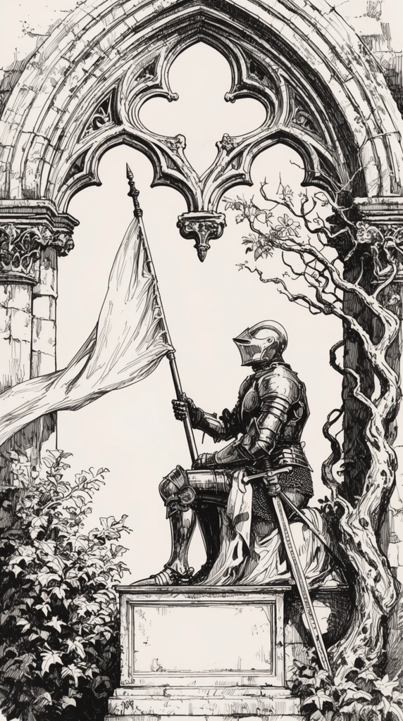 seated knight in plate armor holding a tall staff with a large flowing banner, framed by an ornate Gothic stone archway with a trefoil apex, twisting tree branches wrapping around the right column, leafy foliage beside a central rectangular stone plinth, vintage black and white pen and ink illustration, intricate hatching and cross-hatching shading, high contrast line art