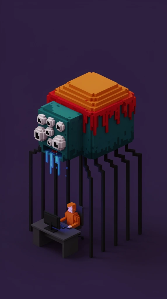 giant voxel spider monster looming over small figure at computer desk, isometric 3D pixel art, blocky teal body with red dripping slime and layered orange top, square head with multiple bulging white eyeballs, mouth dripping blue liquid, thin black stilt legs enclosing the tiny orange figure, solid dark purple background, moody lighting, surreal horror vibe, low poly