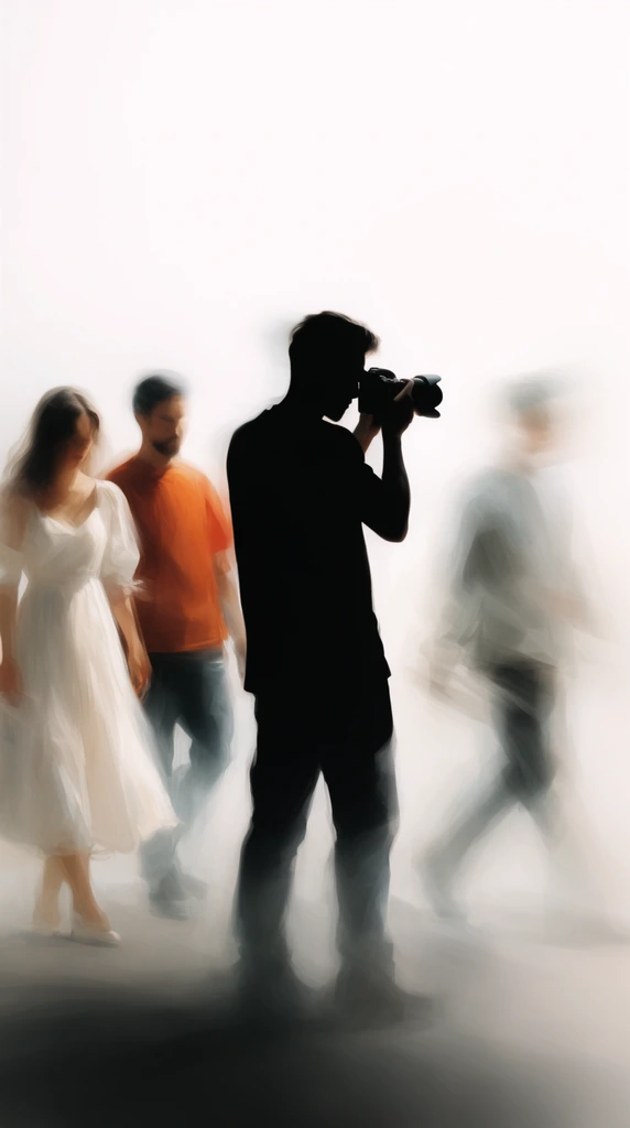 A stark silhouette of a photographer holding a camera stands centrally against a luminous white void. Surrounding him are soft-focus, semi-transparent figures including a woman in a white dress, a man in an orange shirt, and a ghostly blurred person walking right. The group fades into misty gray shadows at their feet. The impressionistic visual utilizes sweeping motion blur, high contrast, and ethereal transparency to create a dreamlike, painting-inspired aesthetic.