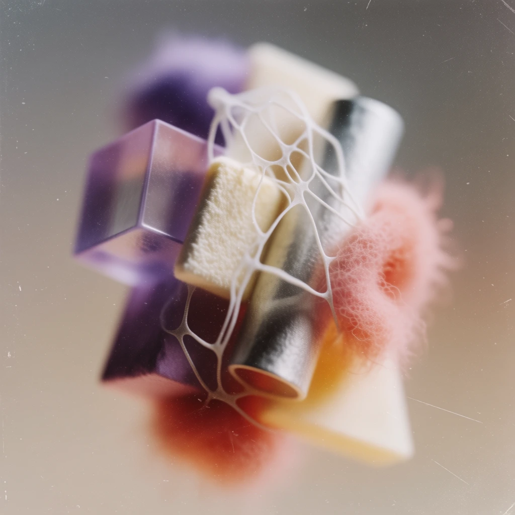 a soft-focus arrangement of floating geometric shapes and tactile textures intertwined with a fine network of ethereal lines, captured in a deeply blurred analog style with heavy film grain and vintage dust particles, dominated by a dreamy palette of dusty violet and hazy cream, diffused incandescent lighting, nostalgic and abstract composition, evoking a sense of fractured memory and minimalist structure