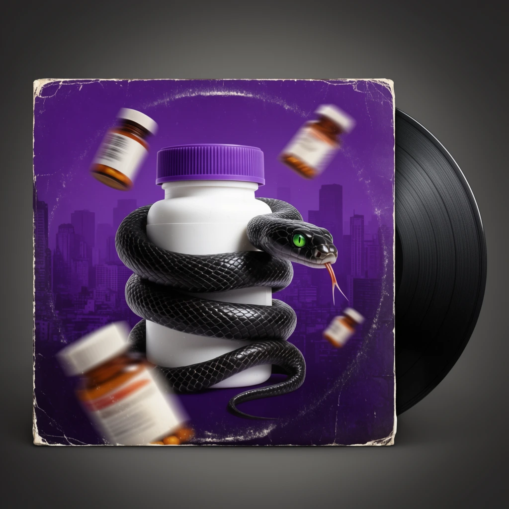 A square record sleeve with heavily distressed, worn white edges rests against a smooth dark grey gradient, a black grooved vinyl disc partially sliding out from its right side. The sleeve artwork centers on a white plastic supplement bottle with a purple cap, set against a deep monochromatic purple cityscape skyline. A glossy black snake with detailed scales tightly coils around the bottle, its head extending forward with bright green eyes and an exposed forked tongue. Three smaller, motion-blurred amber medicine bottles float dynamically around the main subject, creating a shallow depth of field and a sense of chaotic kinetic energy.
