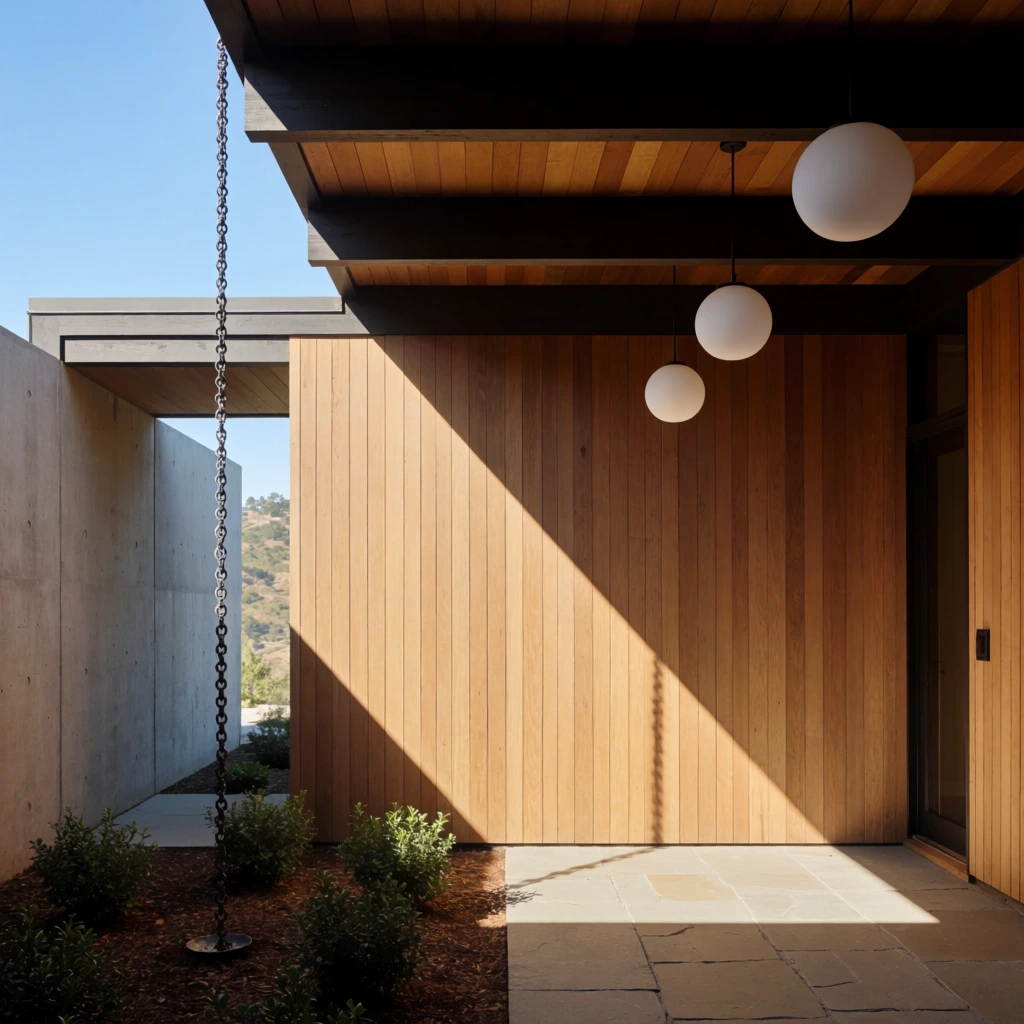 A modern architectural exterior featuring vertical wood paneling, dark exposed beams, and sharp diagonal sunlight casting geometric shadows. Three white spherical pendant lights hang beneath a wooden ceiling. A metal rain chain descends into a mulched planter with green shrubs beside a smooth concrete wall and stone walkway. An opening frames a distant hillside under a clear blue sky, highlighting minimalist design and high-contrast natural lighting.