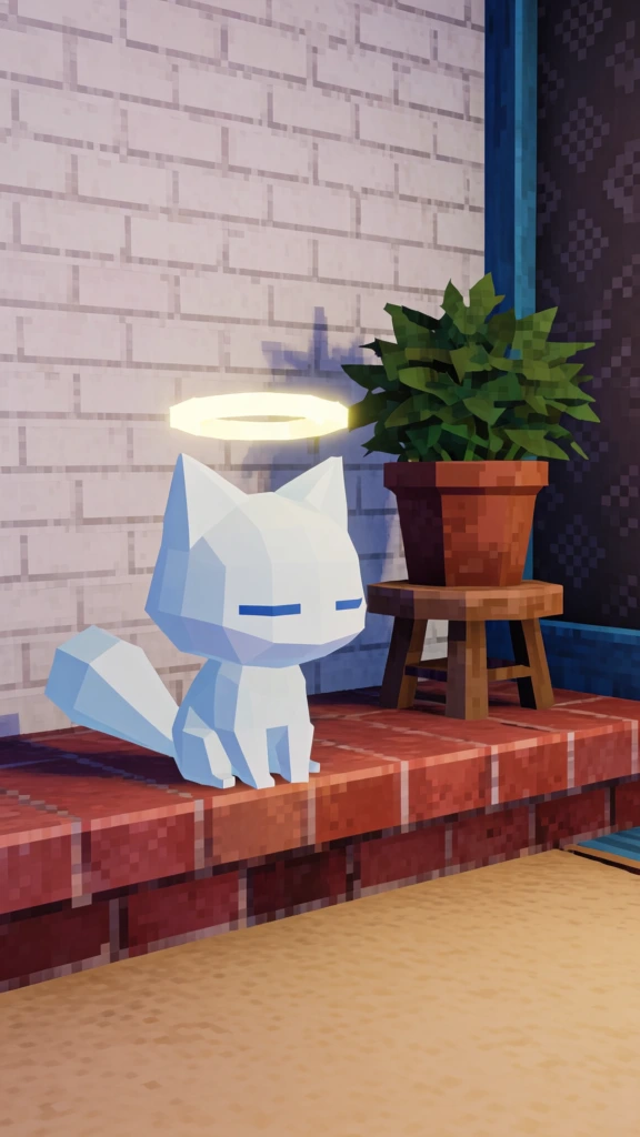 A low-poly, white cat-like creature with a glowing halo sits on a red-brick ledge against a white brick wall and a potted plant. The main figure is a small, white, stylized bipedal creature with a large head, pointed ears, and a thick tail. Its eyes are represented by simple blue horizontal lines, appearing closed. A glowing, pale yellow ring floats directly above its head. The creature is seated on a flat, reddish-brown ledge that runs horizontally across the lower third of the frame. To the right of the figure, a small wooden stool holds a terracotta-colored pot containing a dense, green leafy plant. The background consists of a white-painted brick wall on the left and a dark, patterned wall on the right, bordered by a vertical blue beam. The floor in the foreground is a light tan, textured surface. The image features a pixelated, low-resolution aesthetic characteristic of early 3D video game graphics. Lighting is soft, casting a shadow from the plant onto the brick wall behind it. The camera angle is a slightly elevated medium shot.