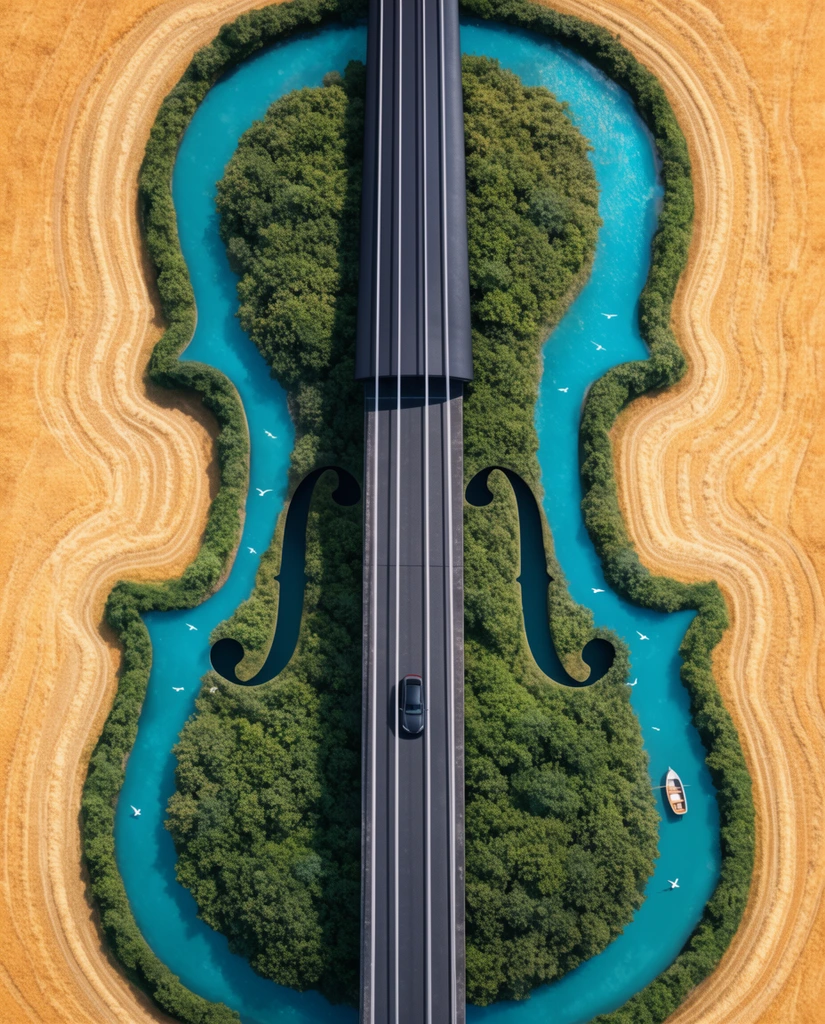 An aerial view captures a landscape forming the shape of a violin, bisected by a straight multi-lane highway bridge acting as the instrument's strings. A single dark car drives along the dark asphalt. Below, a vibrant turquoise river and dense green forests curve symmetrically to create the violin's body and f-holes, framed by golden harvested fields on the periphery. Tiny white birds and a small boat accent this clever, photorealistic, high-contrast composition.
