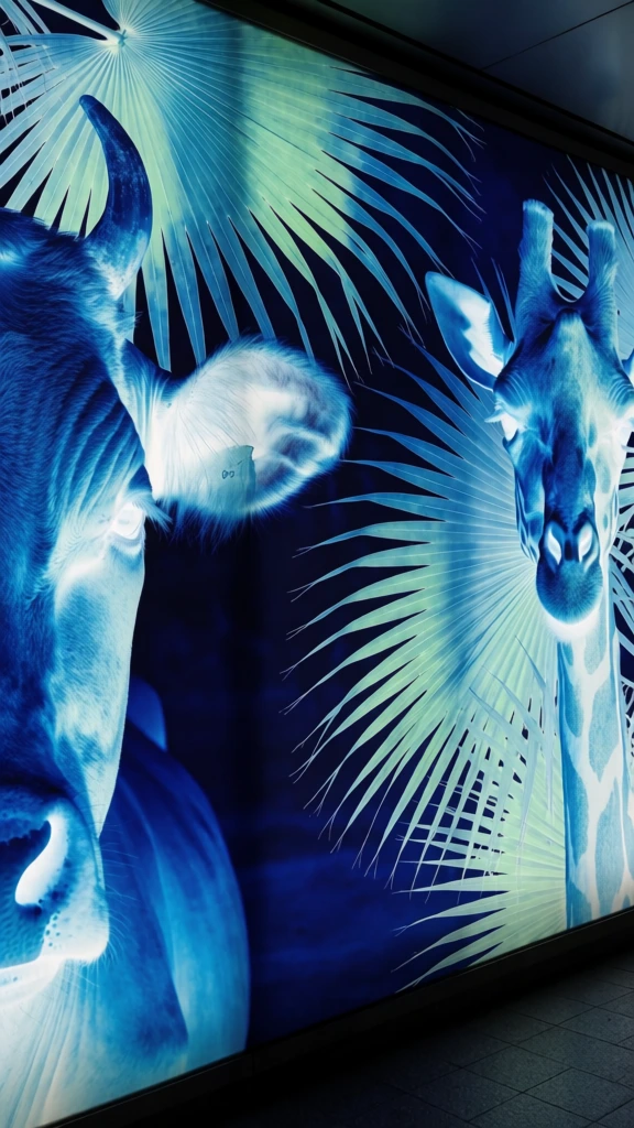 ultra-high contrast wall display featuring a cow and giraffe among sweeping palm fronds, captured in a striking negative film aesthetic, deep indigo and navy blue shadows, ethereal glowing cyan and bright white highlights, cinematic grain, soft dreamlike atmospheric blur, sharp textural details of animal patterns and foliage, experimental solarized effect, contemporary high-fashion branding style, minimalist composition, glowing contours, surreal color inversion.