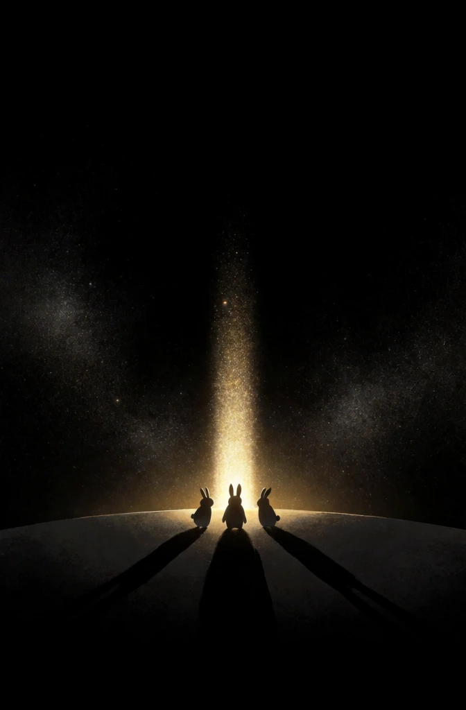 ultra-minimalist cosmic scene, low curved horizon on a dark grainy surface, rabbit facing the camera flanked by two additional rabbits in silhouette, a narrow vertical pillar of brilliant golden light erupting from behind them into a vast black void, dense granular pointillistic texture across the background, dramatic chiaroscuro lighting, long shadows cast forward, ethereal and transcendental aesthetic, warm glow at the base fading into silver stardust.