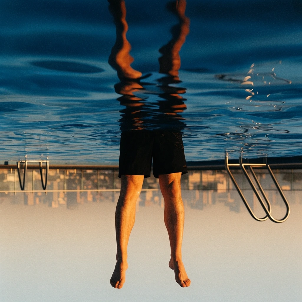 upside-down surreal composition, human legs dangling downwards into a pale sky, black swim trunks, warm golden hour sunlight on bare skin, top half filled with dark blue rippled pool water, surface reflecting distorted legs stretching upwards, bottom half shows hazy distant city skyline, inverted metal pool ladders, sharp focus, fine film grain, high contrast