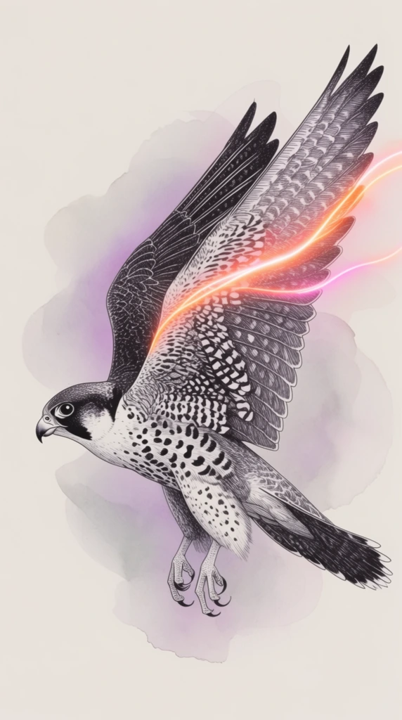 A stylized mixed-media illustration of a flying bird of prey in a left-facing profile with its wings swept upward. The falcon is rendered in precise, monochromatic ink drawing techniques, featuring intricate stippling and cross-hatching to detail the dark plumage, spotted underbelly, and distinct facial markings. A luminescent, bright orange and pink neon energy streak arcs across the upper wing. The sharp, highly detailed bird is set against a minimalist off-white background, anchored by a soft, amorphous pale purple and gray watercolor wash that blooms loosely behind the creature. The contrast between the rigid, scientific line art and the ethereal glowing abstract elements creates a striking visual dynamic.
