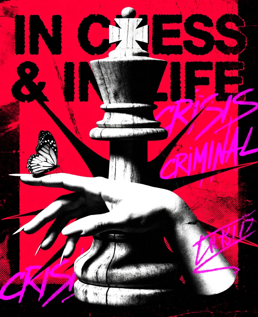 anthropomorphized wooden chess king with human-like hand and butterfly on finger, gritty punk zine aesthetic, high-contrast xerox style, vibrant magenta and black, grainy halftone textures, distressed photocopied paper, fold marks, jagged spiky overlays, blocky stencil typography, scribbled pink script, vertical graphic sidebars with icons, barcodes, layered collage composition, raw rebellious visual language, vintage underground print look.