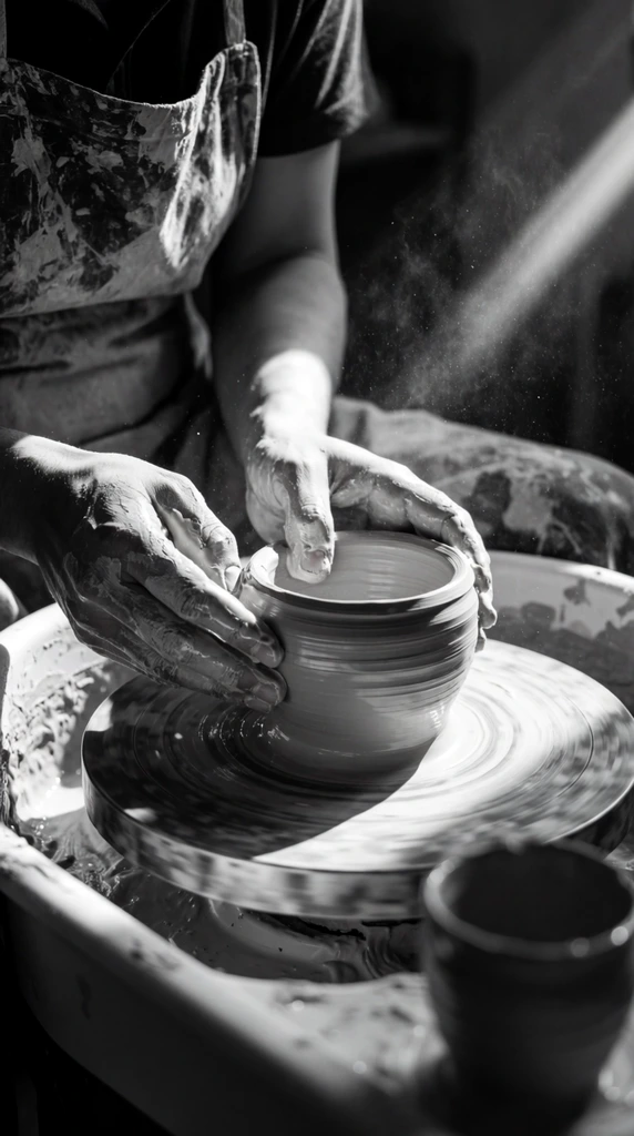 A high-contrast black and white photograph captures an artisan's clay-covered hands molding a smooth bowl on a spinning pottery wheel. Dramatic diagonal sunlight cuts through a dark background, brightly illuminating the hands, the cylindrical clay vessel, and a cloud of fine dust particles suspended in the air. The artisan wears a heavily textured, splattered apron. Thumbs press the inside lip while fingers shape the exterior. The spinning wheel base is caked with dried slip, and a small finished cup rests blurred in the lower right. A shallow depth of field sharply focuses on the tactile interaction between skin and wet clay against the deep chiaroscuro shadows.